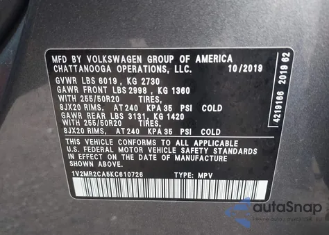 2019 Volkswagen Atlas 3.6L V6 Sel from USA, damaged, VIN 1V2MR2CA5KC610726
